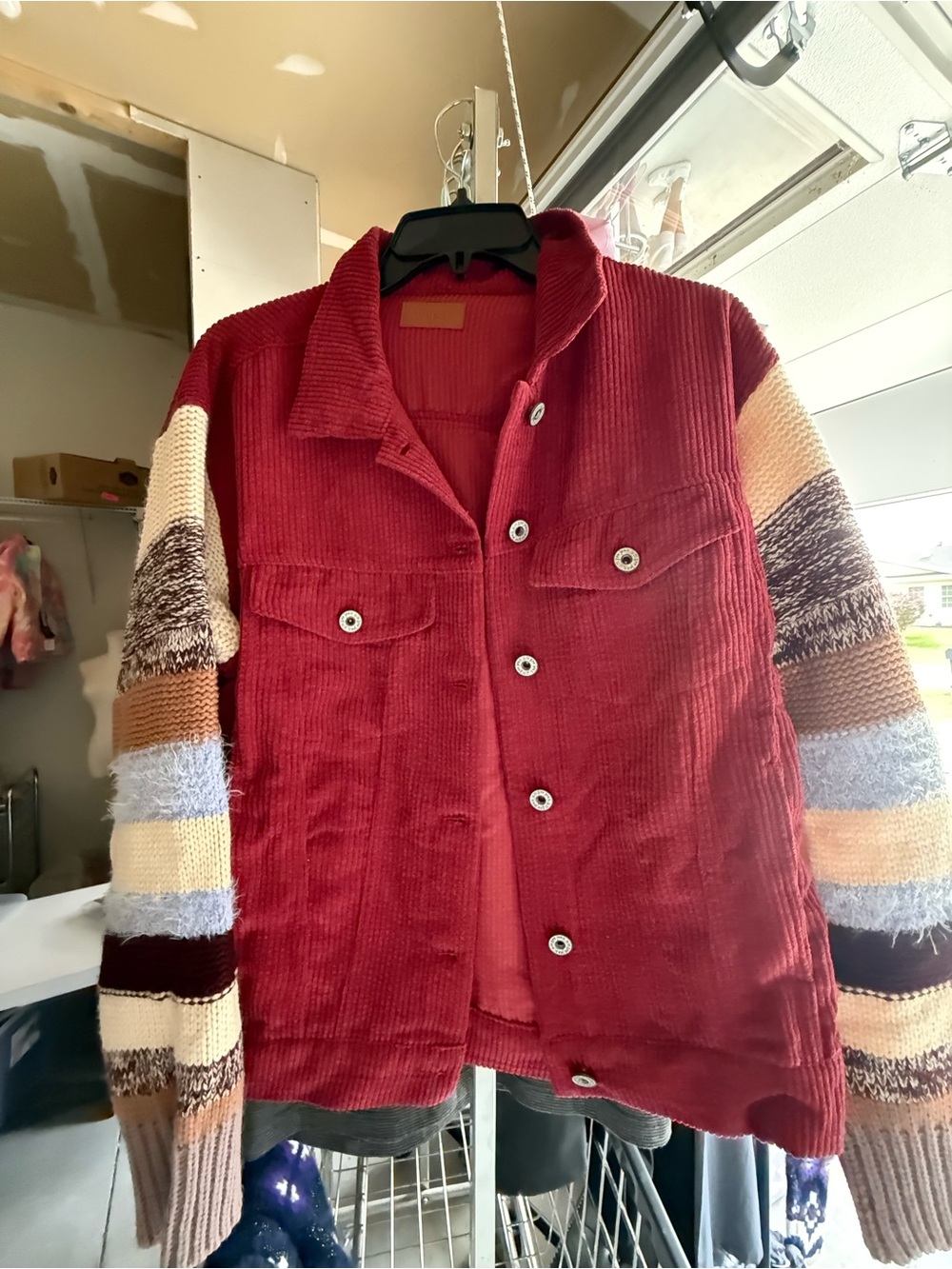 Umgee Schacket Red Corduroy Jacket with Multicolor Knit Stripe Sleeves/oversized